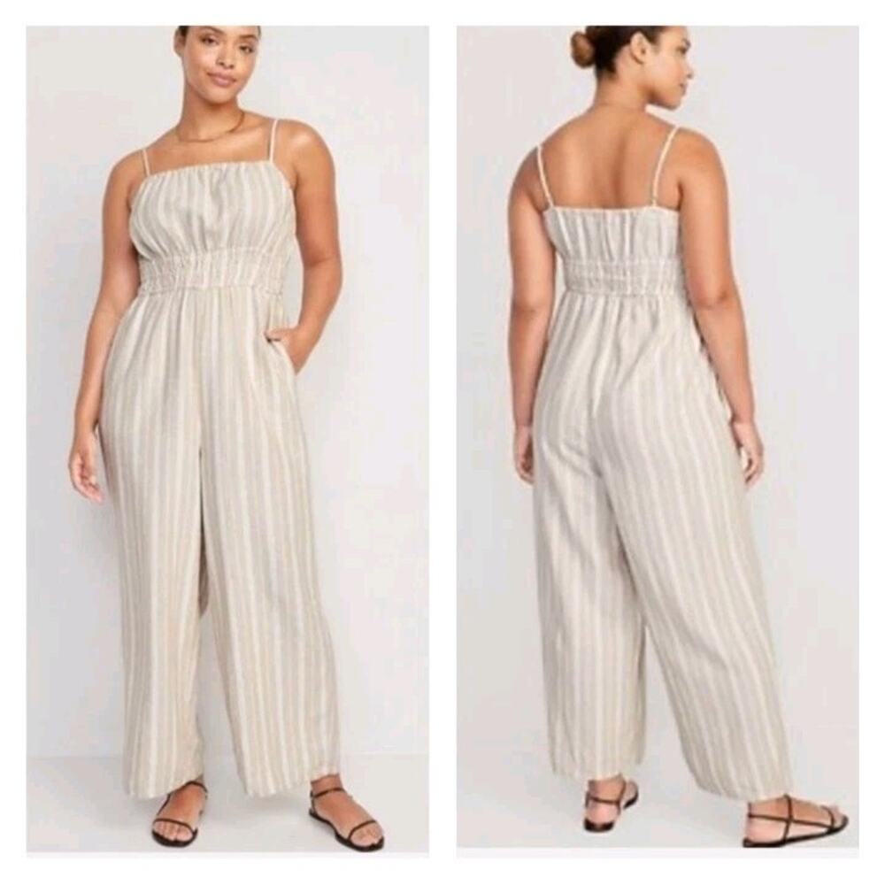 Old Navy Tan Striped Linen Blend Cami Wide Leg Jumpsuit